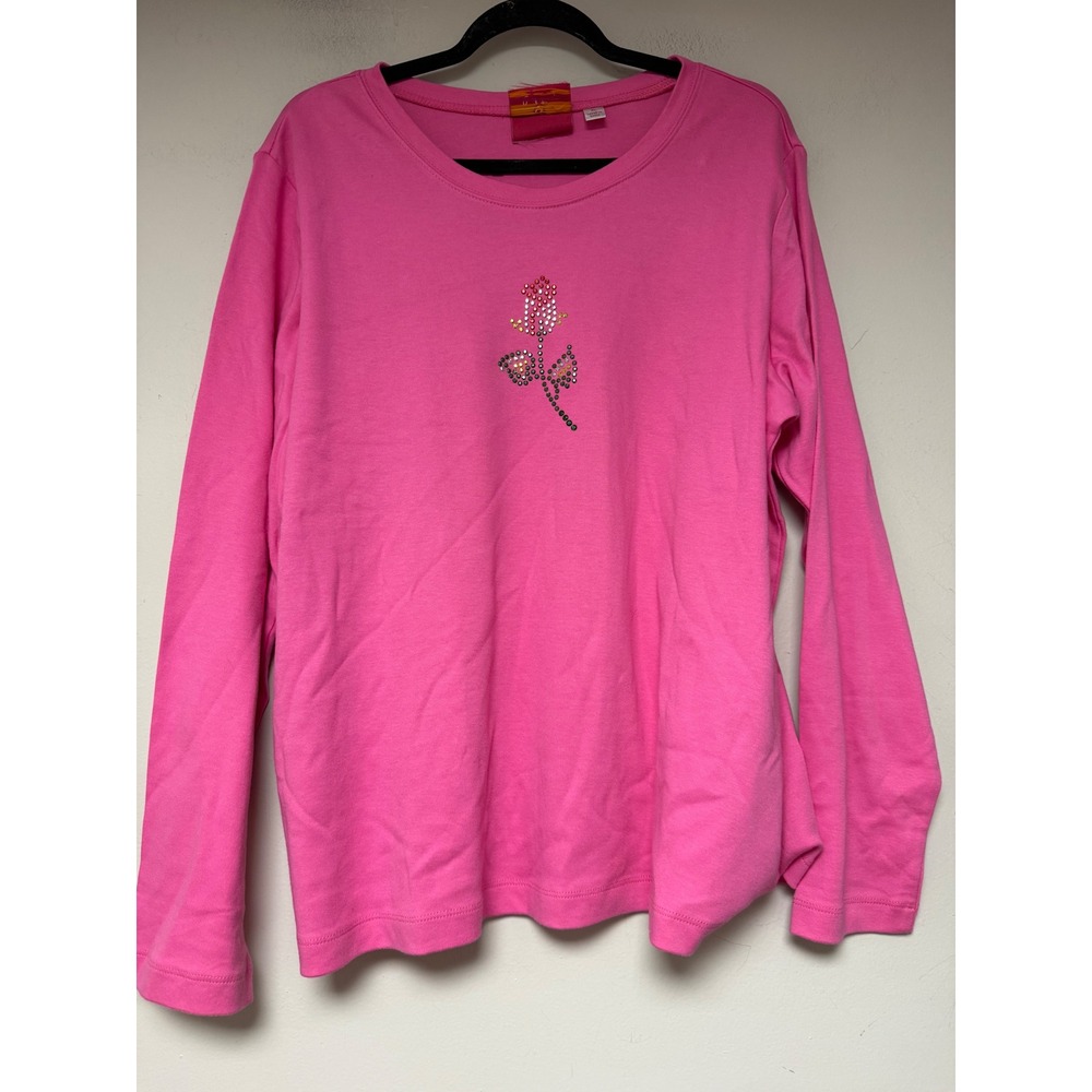 Quacker Factory Long Sleeve Shirt Womens XL Pink Excellent Rose Rhinestone XL